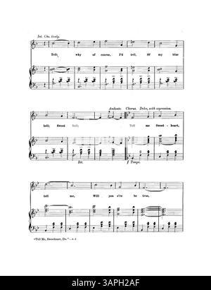 Dieser Walzer-Song Tell Me Sweetheart Do enthält musikalische Auszüge und Werbung für verschiedene Songs, darunter There Is No Flag Like the Red, White and Blue und Dear College Chums. Veröffentlicht von Chas K. Harris, reflektiert er Musiktrends und Werbepraktiken des frühen 20. Jahrhunderts. Stockfoto