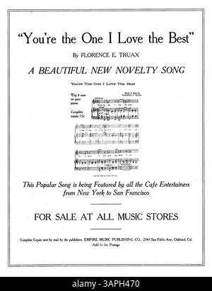 Der Song Something Sweet to Tell von Florence E. Truax enthält eine Werbung für „You're the One I Love Best“ auf der Rückseite. Das digitale Bild kann sich farblich vom Original unterscheiden. Stockfoto