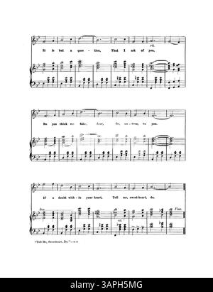 Dieser Walzer-Song Tell Me Sweetheart Do enthält musikalische Auszüge und Werbung für verschiedene Songs, darunter There Is No Flag Like the Red, White and Blue und Dear College Chums. Veröffentlicht von Chas K. Harris, reflektiert er Musiktrends und Werbepraktiken des frühen 20. Jahrhunderts. Stockfoto