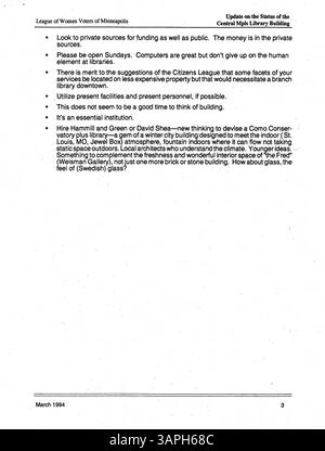 Das Sitzungsprotokoll des Minneapolis Public Library Board für 1994 umfasst Diskussionen über Bibliotheksbetrieb, Finanzierungsstrategien und Serviceverbesserungen für Einwohner des Hennepin County. Stockfoto
