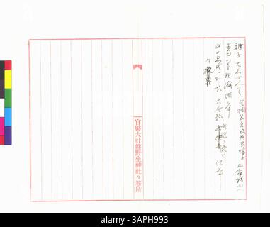 Dieses Dokument, Teil der Gertrude Bass Warner Papers von 1909 bis 1923, erforscht die Kumano-Ni-Masu Jinja in der Provinz Kii. Es ist Teil der Unterserie Shrines of 1st Rank, 1st Class, die wertvolle historische und kulturelle Informationen über die Rolle des Schreins in der japanischen Spiritualität liefert. Stockfoto