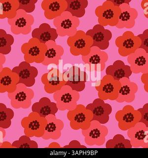 Retro bold florale Vektor leuchtend rosa rot ditsy Hintergrund. Oberflächenmuster im Hippie-Stil. Vintage groovige Gänseblümchen in modernen 60er, 70er Jahren Stock Vektor