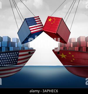 Handelskrieg China und die Vereinigten Staaten als amerikanische Zölle mit zwei gegensätzlichen Frachtschiffen und Fracht als Wirtschaftszollstreit über Import und Export Stockfoto