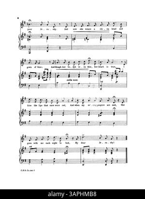 Das Notenblatt für My Dear Jerushy enthält ein Gedicht von Alice C.D. Riley und Musik von Jessie L. Gaynor. Es enthält eine Sopranstimme auf Seite 7 und eine Werbung für weltliche und geistliche Lieder. Das Werk repräsentiert die amerikanische Musik des frühen 20. Jahrhunderts und die Verlagspraxis von Clayton F. Summy Co. Stockfoto