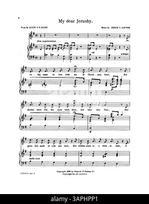 Das Notenblatt für My Dear Jerushy enthält ein Gedicht von Alice C.D. Riley und Musik von Jessie L. Gaynor. Es enthält eine Sopranstimme auf Seite 7 und eine Werbung für weltliche und geistliche Lieder. Das Werk repräsentiert die amerikanische Musik des frühen 20. Jahrhunderts und die Verlagspraxis von Clayton F. Summy Co. Stockfoto