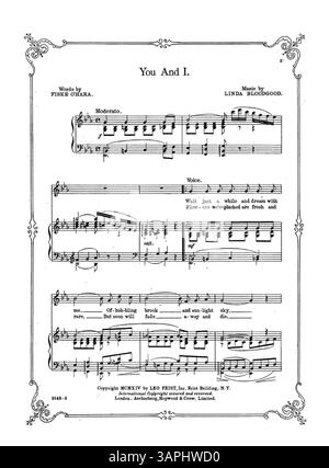 Dieses Notenblatt mit der Nummer 3148 enthält musikalische Auszüge zu „The Two Song Sensations of the New Season“. Auf der Rückseite ist eine Werbung aus der Saturday Evening Post für den Song „You're Here and I'm Here“ mit einem gedruckten Auszug zu sehen. Stockfoto