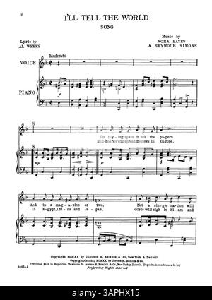 Das Notenblatt für I'll Tell the World, gesungen von Miss Nora Bayes im Musical Ladies First. Auf der Rückseite befindet sich ein großer musikalischer Auszug aus „Hand in Hand Again“ von Richard A. Whiting. Das Stück befindet sich in der Sammlung der University of Oregon Libraries. Stockfoto