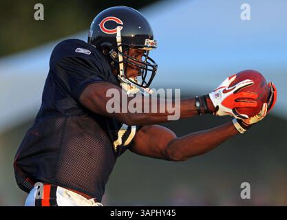 4. August 2011 – Bourbonnais, IL, USA – Chicago Bears' Roy Williams erhält einen Jay Cutler Pass während des Trainings an der Olivet Nazarene University in Bourbonnais, Illinois, am Donnerstag, 4. August 2011. (Bild: © Scott Strazzante/Chicago Tribune/MCT/ZUMAPRESS.com) Stockfoto