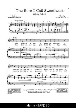 Das Notenblatt enthält „Rose I Call Sweetheart“ mit einer Coverwerbung für „There's Music in the Air – Feist Song Hits“. Nummernschild 4562-3. Auf der Rückseite erscheint eine Anzeige aus dem „The Ladies Home Journal“ für „Feist Song Hits – The People's Choice“. Die Komposition ist für Sprechmaschine oder Klavier verfügbar und wurde auch für männliche Stimmen und Band oder Orchester veröffentlicht. Stockfoto