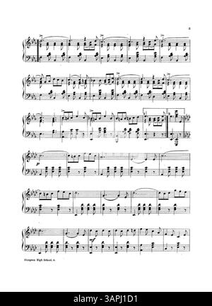 Cover des Notenblatts für den „Sturgeon High School“-märz und Two-Step, respektvoll den Schülern der Sturgeon High School gewidmet. Die Rückseite enthält eine Werbung für andere Lieder wie Railroad Galop, The Sleigh Ride und The Tambourine March, die grün mit einem Grunduntergrund gedruckt sind. Stockfoto