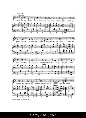 Das Bild repräsentiert die beliebte Ausgabe des Songs Ain't You Coming Out To-Night mit Musik von H. Blanke-Belcher und Texten von Ren Shields. Das Innere enthält eine Werbung und ein Cover für „The Garden of Roses“, während auf der Rückseite eine Anzeige für „es macht einen großen Unterschied, wenn man mit dem Mädchen ist, das man liebt“ angezeigt wird. Farbabweichungen können vorhanden sein. Stockfoto