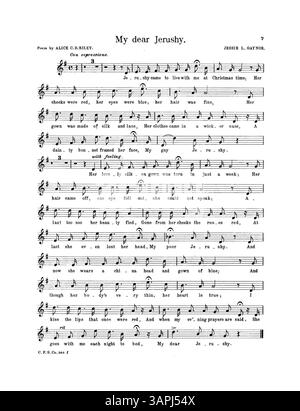 Das Lied My Dear Jerushy enthält Musik von Jessie L. Gaynor und ein Gedicht von Alice C.D. Riley. Es enthält eine Sopranstimme auf Seite 7, mit Werbung für verschiedene Lieder auf der Rückseite, einschließlich weltliche und geistliche Musik, veröffentlicht von Clayton F. Summy Co. Die Farbe im Digitalbild kann sich vom Original unterscheiden, ohne Beschriftungen. Stockfoto