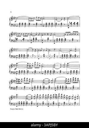 Cover des Notenblatts für den „Sturgeon High School“-märz und Two-Step, respektvoll den Schülern der Sturgeon High School gewidmet. Die Rückseite enthält eine Werbung für andere Lieder wie Railroad Galop, The Sleigh Ride und The Tambourine March, die grün mit einem Grunduntergrund gedruckt sind. Stockfoto