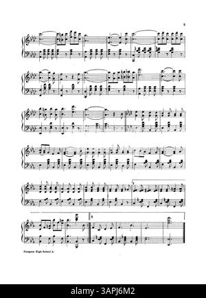 Cover des Notenblatts für den „Sturgeon High School“-märz und Two-Step, respektvoll den Schülern der Sturgeon High School gewidmet. Die Rückseite enthält eine Werbung für andere Lieder wie Railroad Galop, The Sleigh Ride und The Tambourine March, die grün mit einem Grunduntergrund gedruckt sind. Stockfoto