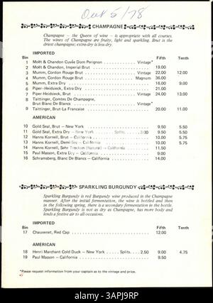 Diese Weinkarte aus dem Jahr 1978 von Charlie's Cafe Exceptionale bietet eine Auswahl an alkoholischen Getränken, darunter Champagner, Burgunderweine, Bordeaux-Weine, Rhone-Weine, und mehr, sowie alkoholfreie Optionen. Die Liste enthält verschiedene Regionen wie die Schweiz, Israel, Spanien und die Loire, gedruckt auf weißem Papier mit schwarzer Tinte im 8-seitigen Heftprospektformat. Stockfoto