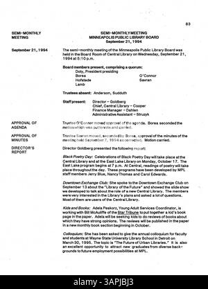 Das Sitzungsprotokoll des Minneapolis Public Library Board für 1994 dokumentiert Entscheidungen über die Finanzierung der Bibliothek, Richtlinien, Dienstleistungen und die künftige Ausrichtung des Hennepin County Bibliothekssystems. Stockfoto