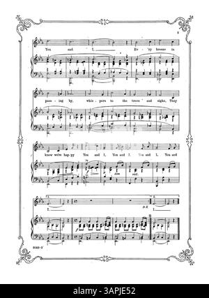 Dieses Notenblatt mit der Nummer 3148 enthält musikalische Auszüge zu „The Two Song Sensations of the New Season“. Auf der Rückseite befindet sich eine Werbung für „You're Here and I'm Here“, die in Orange, Schwarz und weiß von der Saturday Evening Post gedruckt wurde. Stockfoto