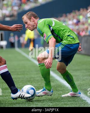 August 2011. . Seattle Sounders FC Verteidiger Tyson Wahl #5 im Kampf gegen Chivas USA im CentryLink Field in Seattle, WA. . Sounders FC und Chivas USA ziehen 0 - 0.George Holland / Cal Sport Media(Kreditbild: © George Holland/Cal Sport Media/ZUMAPRESS.com) Stockfoto