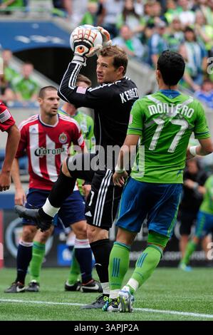 August 2011. . Chivas USA Torhüter Dan Kennedy #1 im Kampf gegen Seattle Sounders FC im CentryLink Field in Seattle, WA. . Sounders FC und Chivas USA ziehen 0 - 0.George Holland / Cal Sport Media(Kreditbild: © George Holland/Cal Sport Media/ZUMAPRESS.com) Stockfoto