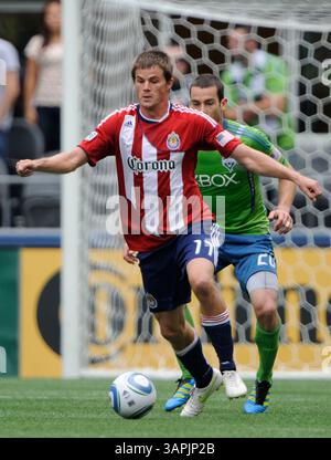 August 2011. . Chivas USA Stürmer Justin Braun #17 im Kampf gegen Seattle Sounders FC im CentryLink Field in Seattle, WA. . Sounders FC und Chivas USA ziehen 0 - 0.George Holland / Cal Sport Media(Kreditbild: © George Holland/Cal Sport Media/ZUMAPRESS.com) Stockfoto