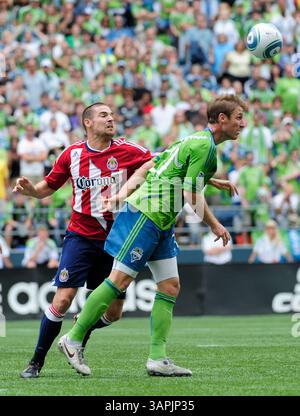 August 2011. . Seattle Sounders FC-Verteidiger Jeff Parke #3 im Kampf gegen Chivas USA im CentryLink Field in Seattle, WA. . Sounders FC und Chivas USA ziehen 0 - 0.George Holland / Cal Sport Media(Kreditbild: © George Holland/Cal Sport Media/ZUMAPRESS.com) Stockfoto