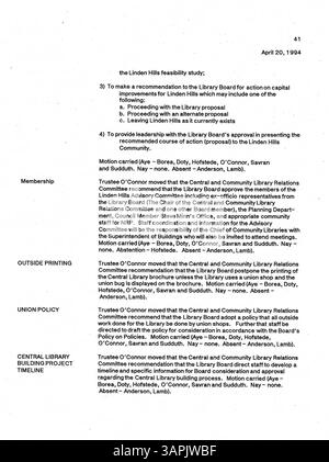 Diese 1994 Sitzungsprotokolle des Verwaltungsrats der Minneapolis Public Library dokumentieren Aktionen, Diskussionen und Entscheidungen über die Verwaltung und den Betrieb der Bibliothek für das betreffende Jahr. Stockfoto