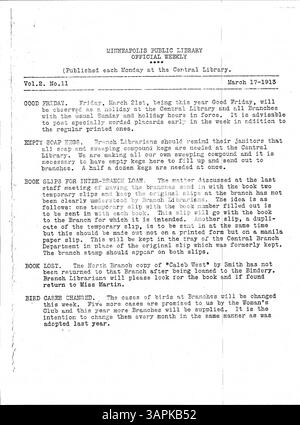 Das wöchentliche offizielle Bulletin für Mitarbeiter der Minneapolis Public Library aus dem Jahr 1913 bietet interne Updates und Mitteilungen an Mitarbeiter. Stockfoto