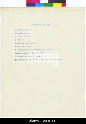 Dieses Dokument aus den Gertrude Bass Warner Papers (1909–1923) untersucht den O Yamoto Jinja Schrein, der als Schreine der 1. Klasse klassifiziert wurde, und veranschaulicht seine kulturelle und spirituelle Bedeutung innerhalb der Yamoto Provinz und Japan. Stockfoto