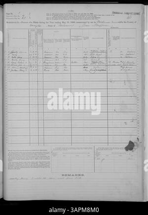 Der Todeszeitplan 1880 für Missouri enthält detaillierte Todesberichte von Adair bis Franklin County, die Alter, Geschlecht und Todesursachen als Teil des U.S. Census dokumentieren. Stockfoto