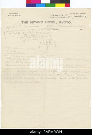 Dieses Dokument aus den Gertrude Bass Warner Papers (1909–1923) beschreibt den O Yamoto Jinja Schrein in der Provinz Yamoto, kategorisiert unter Schreine der 1. Klasse. Sie bietet einen Einblick in die historische und kulturelle Bedeutung des Schreins innerhalb japanischer religiöser Praktiken. Stockfoto