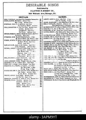 Das Notenblatt für My Dear Jerushy enthält ein Gedicht von Alice C.D. Riley und Musik von Jessie L. Gaynor. Es enthält eine Sopranstimme auf Seite 7 und eine Werbung für weltliche und geistliche Lieder. Das Werk repräsentiert die amerikanische Musik des frühen 20. Jahrhunderts und die Verlagspraxis von Clayton F. Summy Co. Stockfoto