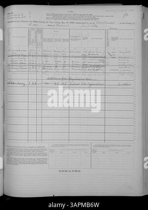 Dieser Todeszeitplan 1880 für Missouri liefert Aufzeichnungen über Todesfälle in Adair in Franklin Countys und listet Todesursachen, Alter und Geschlecht als Teil des U.S. Census auf. Stockfoto