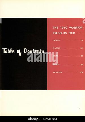 Das Jahrbuch „Warrior“ 1960 der Hopkins High School beleuchtet das akademische Jahr 1959-1960 und konzentriert sich auf Schüler, Leichtathletik, Vereine und Beiträge der Fakultät. Stockfoto