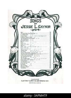Das Notenblatt für My Dear Jerushy enthält ein Gedicht von Alice C.D. Riley und Musik von Jessie L. Gaynor. Es enthält eine Sopranstimme auf Seite 7 und eine Werbung für weltliche und geistliche Lieder. Das Werk repräsentiert die amerikanische Musik des frühen 20. Jahrhunderts und die Verlagspraxis von Clayton F. Summy Co. Stockfoto