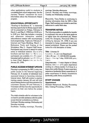 Dieses wöchentliche Bulletin von 1996 enthält Updates und Neuigkeiten für Mitarbeiter der Minneapolis Public Library. Stockfoto