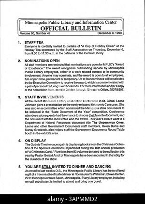 Das offizielle Bulletin 1990 für die Minneapolis Public Library bietet einen wöchentlichen Bericht für Mitarbeiter über interne Angelegenheiten, Dienstleistungen und Bibliotheksnachrichten. Stockfoto
