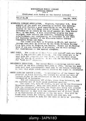 Das wöchentliche Bulletin für die Minneapolis Public Library von 1916, das wichtige Updates und Anweisungen für das Bibliothekspersonal enthält. Stockfoto