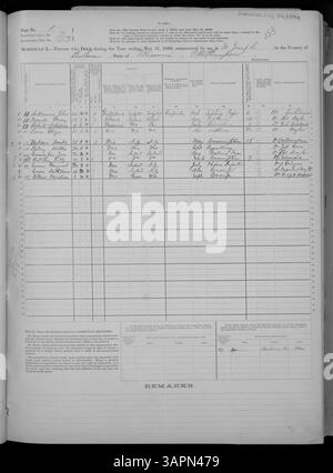 Der Mortalitätszeitplan 1880 für Missouri enthält Daten von Adair bis Franklin Counties und liefert detaillierte Aufzeichnungen über Todesfälle und Ursachen. Dieses Dokument, Teil der Missouri Historical Society Census Collection, Band 10, bietet Einblicke in die Sterblichkeit der damaligen Zeit. Stockfoto