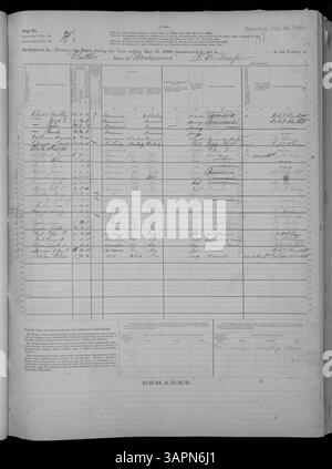 Der Todeszeitplan 1880 für Missouri enthält Sterbedaten für Einzelpersonen in den Countys Adair und Franklin. Wichtige Details wie Namen, Alter und Todesursachen werden aufgelistet, die einen Einblick in die Sterblichkeitsentwicklung in Missouri während des späten 19. Jahrhunderts geben. Stockfoto