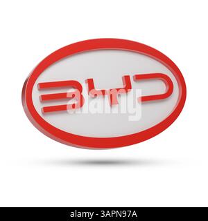 Buenos Aires, Argentinien - 10. April 2025: BYD-Logo in drei Dimensionen isoliert auf weißem Hintergrund. 3D-Abbildung. Stockfoto