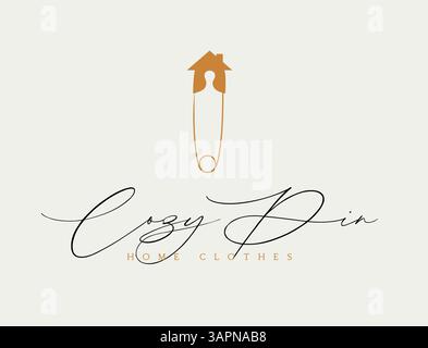 Sicherheitsnadel Cozy Kleideretikett mit Inschrift Zeichnung in minimalistischer Kunst linearer Art Stil auf beigefarbenem Hintergrund Stock Vektor