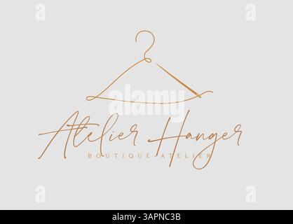 Bügel-Boutique-Atelier mit Inschriftzeichnung im minimalistischen linearen Art-Stil auf beigefarbenem Hintergrund Stock Vektor