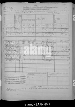 Der Todeszeitplan 1880 enthält Aufzeichnungen über Todesfälle in Adair in Franklin Countys in Missouri und listet Todesursachen, Alter und Geschlecht als Teil des U.S. Census auf. Stockfoto