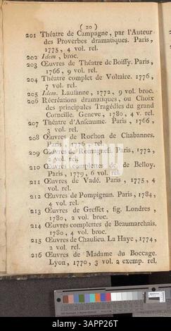Katalog der von Jacques-Joseph Delcourt beschlagnahmten Bücher, die am 15. Januar 1788 im Bosquier-Haus in Mons verkauft werden sollen. Stockfoto