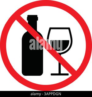 Kein Alkoholwarnschild Roter Kreis mit diagonaler Linie über der Weinflasche Stock Vektor