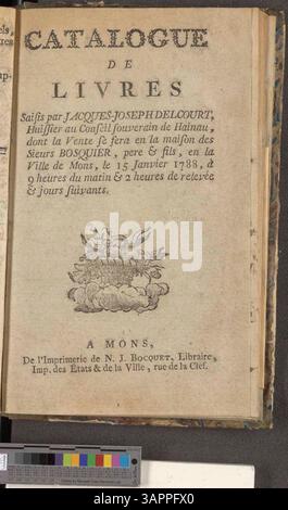 Katalog der von Jacques-Joseph Delcourt beschlagnahmten Bücher, mit einem Verkauf im Bosquier-Auktionshaus in Mons am 15. Januar 1788. Stockfoto
