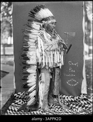 Dieses Foto von Lee Moorhouse zeigt PEO, den Chef der Umatillas, der eine Kriegshaube trägt und verschiedene Geräte hält. Das Bild ist Teil der Lee Moorhouse Sammlung von indianischen Porträts. Stockfoto