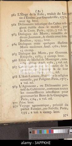 Dieser Katalog enthält Bücher, die Jacques-Joseph Delcourt beschlagnahmt hat und die für den 15. Januar 1788 in der Bosquier-Residenz in Mons verkauft werden sollen. Im Katalog sind die Bücher aufgeführt, die am Verkauf beteiligt sind. Stockfoto