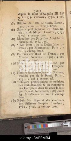Katalog der von Jacques-Joseph Delcourt beschlagnahmten Bücher mit Einzelheiten über ihre Auktion in Bosquiers Haus in Mons am 15. Januar 1788. Stockfoto