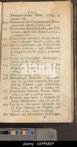 Katalog der von Jacques-Joseph Delcourt beschlagnahmten Bücher, die die Bücher für die Bosquier-Auktion am 15. Januar 1788 in Mons auflisten. Stockfoto